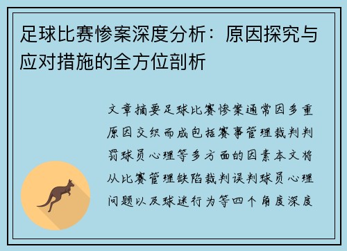 足球比赛惨案深度分析：原因探究与应对措施的全方位剖析