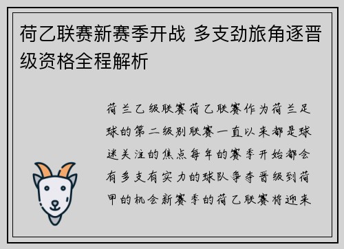 荷乙联赛新赛季开战 多支劲旅角逐晋级资格全程解析