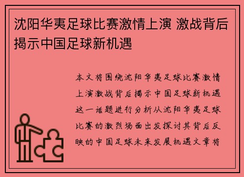 沈阳华夷足球比赛激情上演 激战背后揭示中国足球新机遇