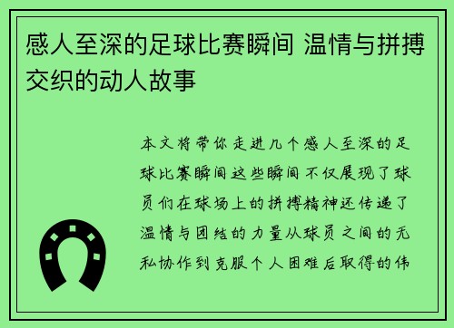 感人至深的足球比赛瞬间 温情与拼搏交织的动人故事