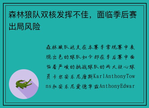 森林狼队双核发挥不佳，面临季后赛出局风险