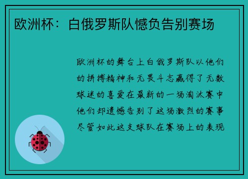 欧洲杯：白俄罗斯队憾负告别赛场