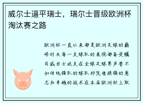威尔士逼平瑞士，瑞尔士晋级欧洲杯淘汰赛之路