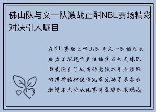 佛山队与文一队激战正酣NBL赛场精彩对决引人瞩目