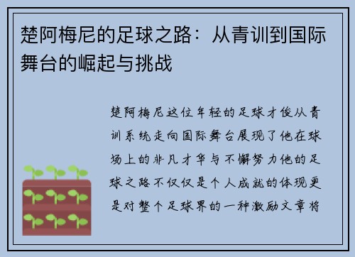 楚阿梅尼的足球之路：从青训到国际舞台的崛起与挑战