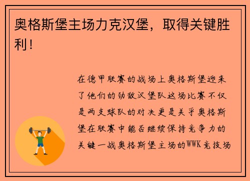 奥格斯堡主场力克汉堡，取得关键胜利！