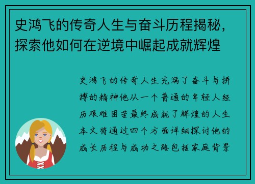 史鸿飞的传奇人生与奋斗历程揭秘，探索他如何在逆境中崛起成就辉煌
