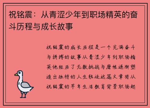 祝铭震：从青涩少年到职场精英的奋斗历程与成长故事