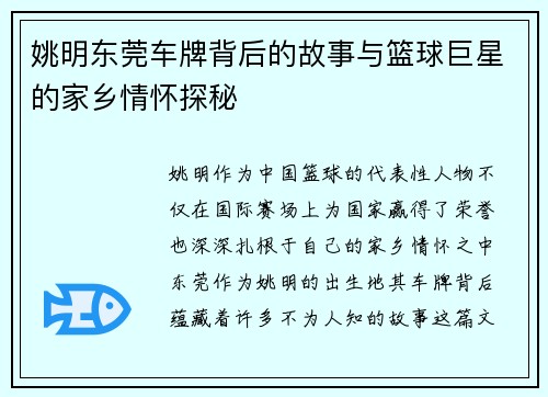 姚明东莞车牌背后的故事与篮球巨星的家乡情怀探秘
