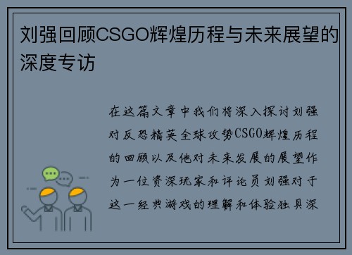 刘强回顾CSGO辉煌历程与未来展望的深度专访